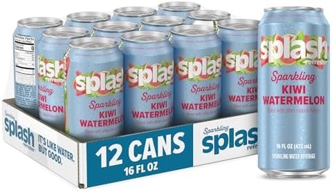 SPLASH REFRESHER Sparkling Water, Kiwi Watermelon - 12-Pack, 16 Fl Oz Cans - Flavored Carbonated Seltzer Water with Electrolytes, Zero Sugar & Zero Calories