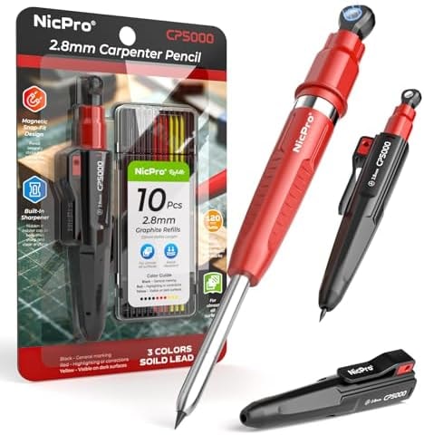 Nicpro 7-in-1 CP5000 Magnetic Carpenter Pencils with Sharpener, Black & Red