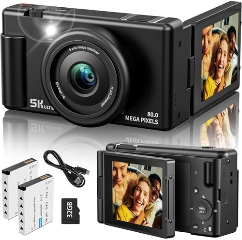 True 5K Digital Camera for Photography, Autofocus 80MP with 18X Digital Zoom, 3" 270° Flip Screen Selfie Camera for YouTube Vlogging & Content Creation, 2 Batteries, 32GB Card & Flash,Black