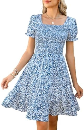 Lyrur Women's Floral Square Neck Smocked Knee Length Summer Dress