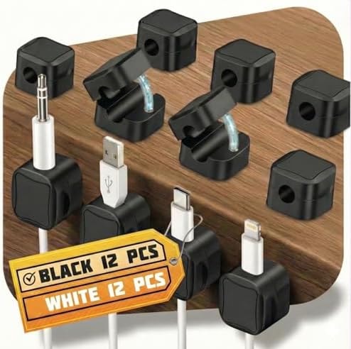 12 Pack Magnetic Cable Clips Black – Fast Locking System Cable Management for Desk, Nightstand & Car – Strong Adhesive Wire Clips, USB Cable Organizer, Phone Charger Cord Holder for Home & Office