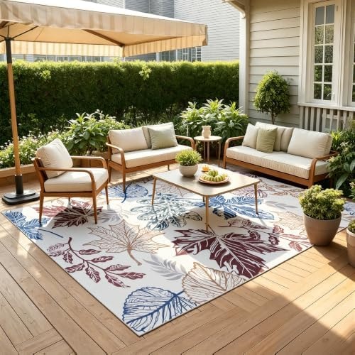 UKISS Washable Outdoor Rug Carpet,Non Slip Portable Outdoor Patio Rugs,5' x 8' Indoor Outdoor Mats,Leaves Large Area Rugs Mats for Patio,Picnic,RV,Backyard, Deck, Balcony, Porch, Beach
