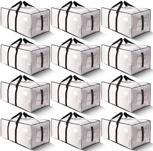 HOMESURE Supports 200lbs Heavy Duty Moving Bags - Strong Zipper & Wrap-Around Handles - Water-Resistant Storage Totes, Durable Alternative to Moving Boxes - 12 Pack - Semi-Transparent