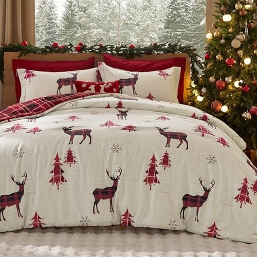 Bedsure Christmas Comforter Set Queen, Red Reindeer Holiday Bedding 3 pcs
