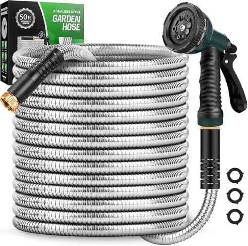 Amayrose Garden Hose with 10-Function Nozzle, Leak-proof Metal Connector Hose, No Knots, Kink-Free Hoses, Lighter, Anti-Pets, Wear-Resistant, 3/4 GHT, Water Hose for Garden, Yard, Outdoor(50 FT)