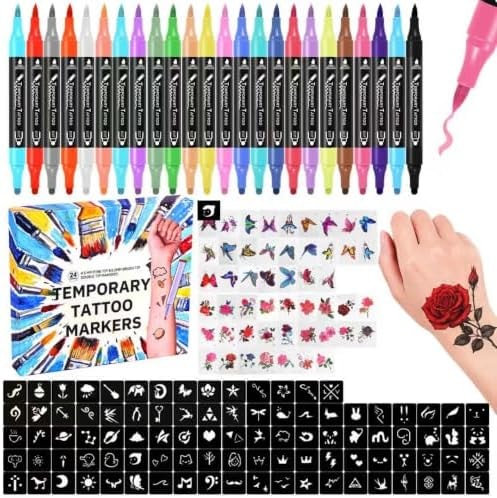Temporary Skin Tattoo Body Art Markers 24-Count Washable with 50 Temporary Tattoo Stickers Waterproof and 82 Tattoo Stencils, Safe Non-Toxic DIY Art Gift for Party Birthday Halloween for Age12+