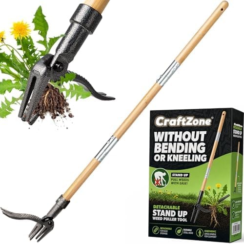 CRAFTZONE Weed Puller Stand Up Weed Puller Tool with Wooden Long Handle Foot Platform Design 4-Claw Steel Head & Removable 3-Section Pole Garden Tools-Easily Remove Weeds Without Bending or Kneeling