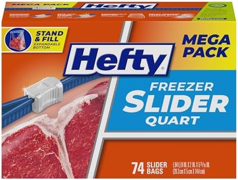 Hefty Slider Quart Freezer Bags, 74 Count, Quart Slider Bags for Freezer, Holds Individual Leftovers, Sliced Fruits and Veggies, and More, Writable Label, Secure Zip and Click Closure