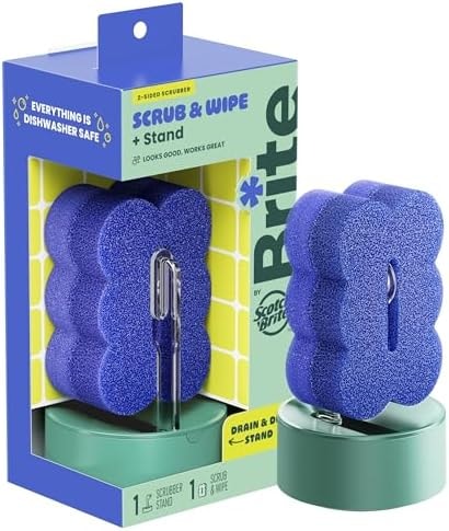 Brite by Scotch-Brite Scrub & Wipe with Drain + Dry Stand, Kitchen Sponge for Washing Dishes, 1 Scrub Sponge