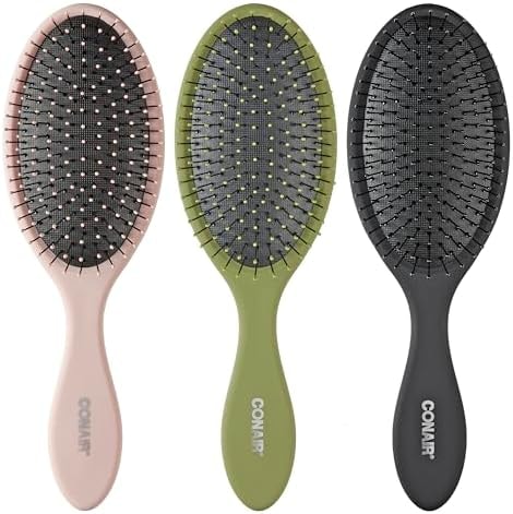 Conair Detangling Hair Brush Set, 3-Pack Detangler Brushes for Wet or Dry Hair, Gentle Detangler for All Hair Types, Bristle Hair Brushes for Women, Evergreen, Blush Pink, Black Assorted