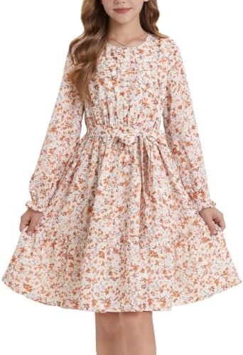 GRACE KARIN Girls Cream Floral Fall Dresses Long Sleeve Vintage Dress, 12Y