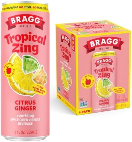Bragg Tropical Zing Sparkling ACV, Citrus Ginger, 12oz (Pack of 4)