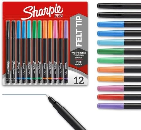 Sharpie Felt Tip Pens, Fine Point (0.4mm), Assorted Colors, 12 Count - Journaling, Art, Drawing, Markers
