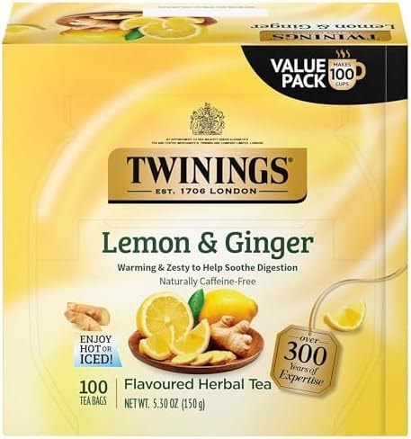 Twinings Lemon & Ginger Herbal Tea Individually Wrapped Bags, 100 Count (Pack of 1), Tangy Lemon, Spicy Ginger, Naturally Caffeine-Free, Enjoy Hot or Iced, 100 Teabags