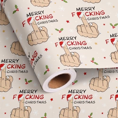 Vnaaem Funny Christmas Wrapping Paper Roll - Rude Adult Cheeky Finger Gesture Design Gift Wrap for Holiday Birthday Party Birthday Christmas - Total 28.5 sq.ft