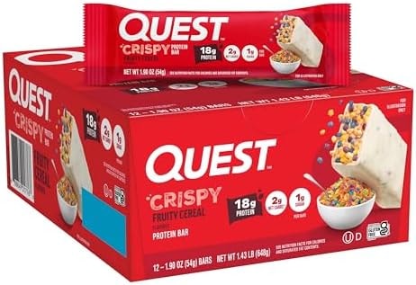 Quest Nutrition Crispy Protein Bar, Fruity Cereal Flavor, 18g Protein, 1g Sugar, 2g Net Carbs, Low Sugar, 12 Count