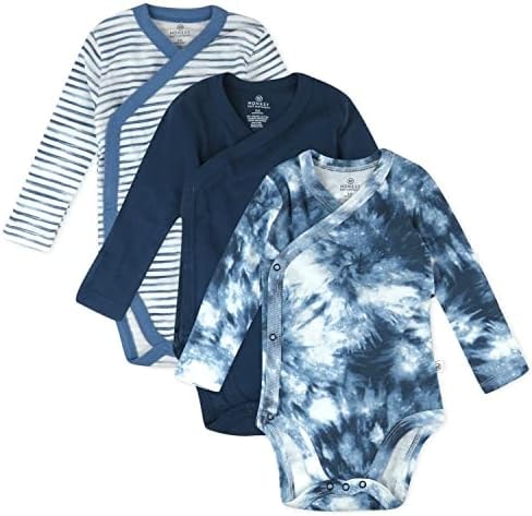 HonestBaby 3-Pack Organic Cotton Long Sleeve Side-Snap Kimono Onesies Bodysuits, Tie Dye Blues, 0-3 Months