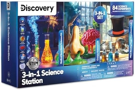 Discovery 3-in-1 Science Station for Kids| 84 Science Experiment Kit| Erupting Volcano, Glow Slime, Brain Dissection, Magic Potions| STEM Chemistry Activity Set| Educational Learning Toy| Gift Ages 8+