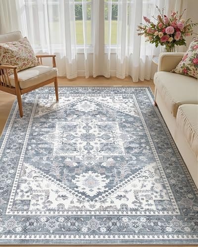 Micgeek Washable Area Rug-5X7 Vintage Neutral Soft Blue