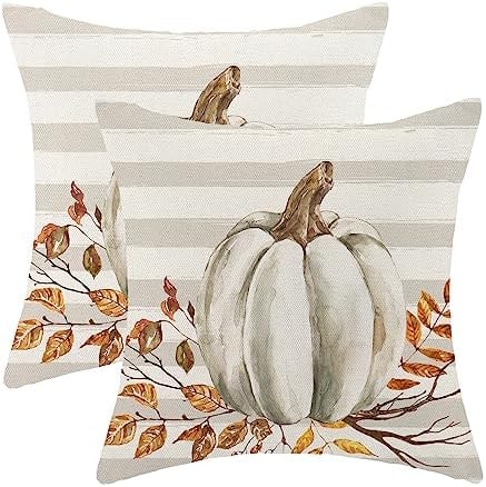 Gohdiwh Fall Pillow Covers 18x18 Set of 2 Pumpkin Leaf Branch and Stripes Fall Decor Pillowcase Linen Autumn Thanksgiving Decorative Outdoor Throw Pillow Covers Farmhouse Cushion Case for Couch Home