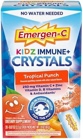 Emergen-C Kidz Immune Plus Crystals, On-the-Go Immune Support Supplement with Vitamin C, Vitamin D, B Vitamins, Zinc and Manganese, Tropical Punch, Back to School Essentials - 28 Stick Packs