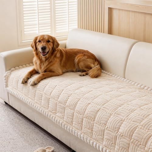 Eco-Ancheng Couch Cover for Dogs Pet Couch Cover for Sofa Washable Dog Sofa Covers Couch Protector for Cushion Fuzzy Non Slip Couch Slipcover with Elastic Straps for Pets, Dogs(Cream,1PC/27.6x70.9 in)