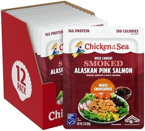 Chicken of the Sea Smoked Alaskan Pink Salmon, 3 oz. Packets (Box of 12), Wild Caught Salmon, Maple Smokehouse