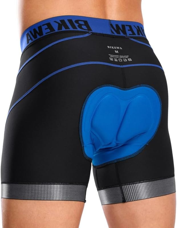 Bikewa Men's Cycling Underwear with Anti-Slip Leg Grips 4D Padded Bike Shorts MTB Liner for Bicycle Biking Riding(Black/Blue,L)