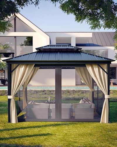 KYBOLT 10x14 Ft Hardtop Gazebos with Heavy Duty Double Roof, Nettings and Curtains Galvanized Steel Outdoor Gazebos for Patio, Backyard, Deck, Lawn