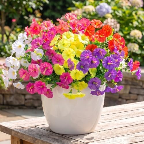 bakkiet Artificial Flowers for Outdoors, 12 Bundles Fake Plants for Outside Decoration, UV Resistant No Fade, Realistic High End Silk Plastic Morning Glory for Planter Porch Patio Yard