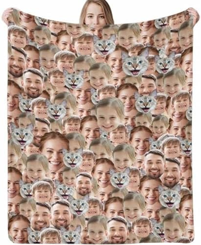 D-Story Ships Next Day, Custom Blanket with 5 Faces Made in USA, Personalized Throw Blanket with Picture Upload Flannel Blanket for Dad Friend Mom Couple Grandma Pets- 7 Sizes