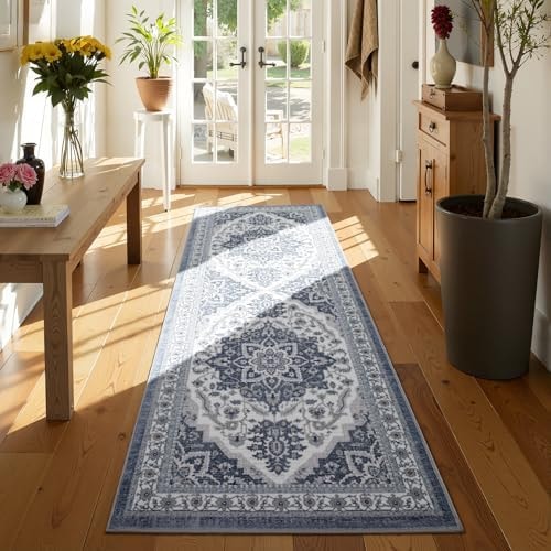UKISS Washable Runner Rug ,2x6 Non-Slip Soft Boho Vintage Hallway Runner Rugs, Low Pile Silk Wool Long Carpet Runner Rug for Entryway Bedroom, Kitchen, Laundry, Bathroom.