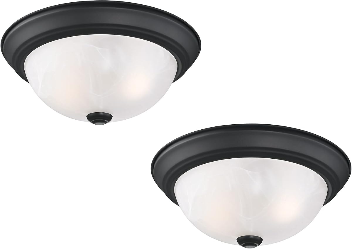 Design House, 2 Pack, 2-Light Indoor Dimmable Ceiling Light, Alabaster Glass Shade, Matte Black, 11.25 in W x 4.75 in H, Interior Lighting, Item 588251