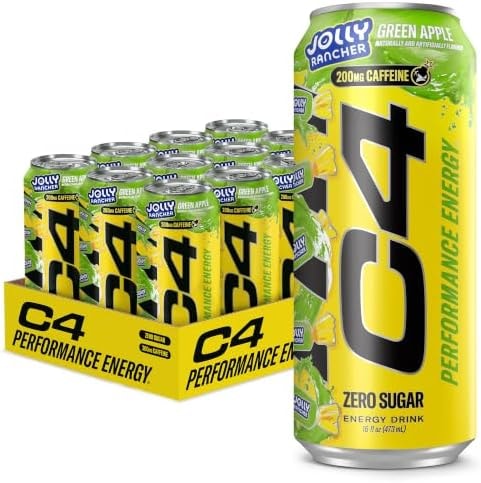 C4 Performance Energy Drink, Jolly Rancher Green Apple, Zero Sugar Carbonated Preworkout Energy, 200mg Caffeine with Beta Alanine, 16 Fl Oz (12 Pack)