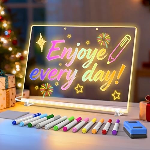 DOPTOY LED Drawing Board for Kids - 13.7x10.6 Inch, rasable Acrylic Doodle Pad, Display Booths,with 12 Fluorescent Markers,Stand,4 Modes & 7 RGB Colors - Creative Fun & Christmas Gift for Home