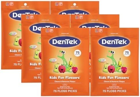 DenTek Fun Flossers – Kids Floss Picks with Wild Fruit Flavor, 75 Count, Pack of 6