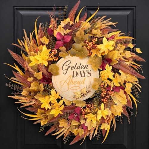 Wizcave 24 Inch Fall Wreaths for Front Door, Autumn Wreath with Wood Sign