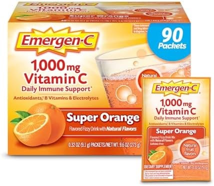 Emergen-C 1000mg Vitamin C Powder for Daily Immune Support Caffeine Free Vitamin C Supplements with Zinc and Manganese, B Vitamins and Electrolytes, Super Orange Flavor - 90 Count/3 Month Supply