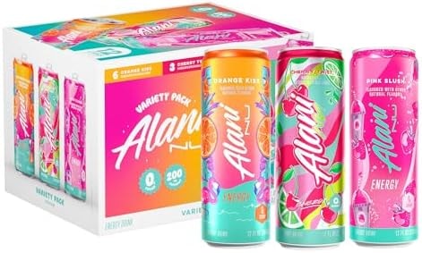 Alani Nu VARIETY PACK CHERRY TWIST, PINK SLUSH, ORANGE KISS Sugar Free, Low Calorie Energy Drinks, 200mg Caffeine, Biotin B Vitamins, Zero Sugar, 10 Calories, 12 Fl Oz Cans, 12 Pack
