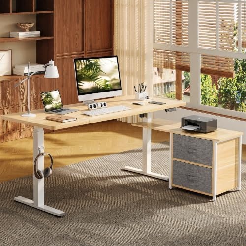 FLEXISPOT L Shaped Standing Desk with Drawers (63 x 28, White Wood Grain)
