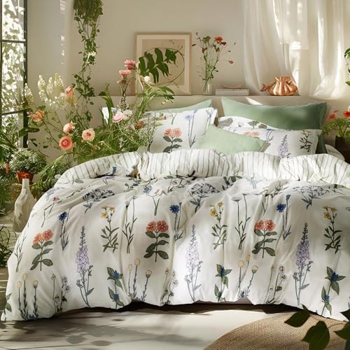 Bedsure Twin/Twin XL Comforter Set - Twin Extra Long Comforter Set, Cute Floral Dorm Bedding, 2 Pieces, 1 Soft Reversible Coconut White Botanical Flowers Comforter and 1 Pillow Sham