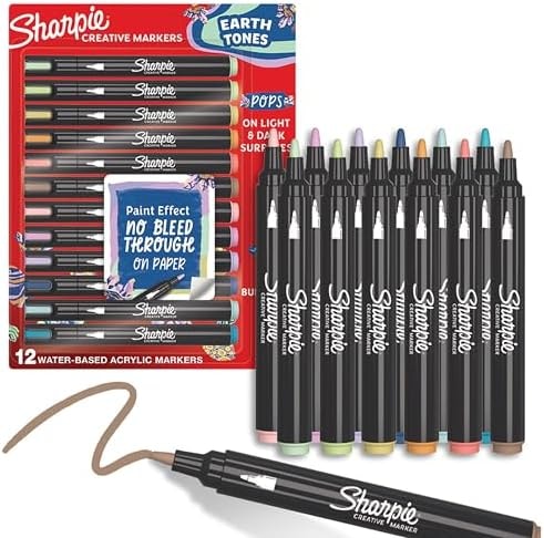 Sharpie Creative Markers, Earth Tones, Water-Based Acrylic, Bullet Tip, 12 Count – Arts & Crafts, School Classroom; Works on Paper, Metal, Wood, Ceramic, Glass, Rock, Canvas