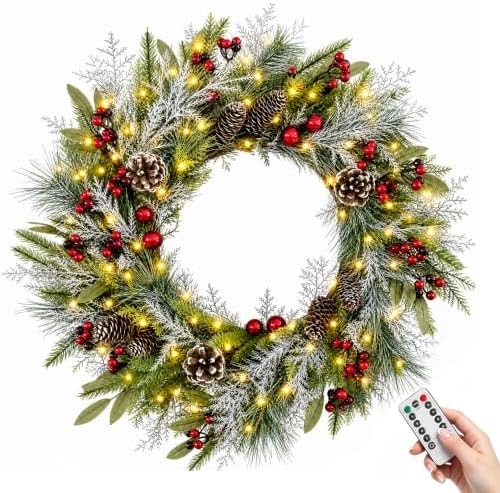 Pinkpum 24" Christmas Wreath with Timer, Frosted Pine, Berry & Red Bauble