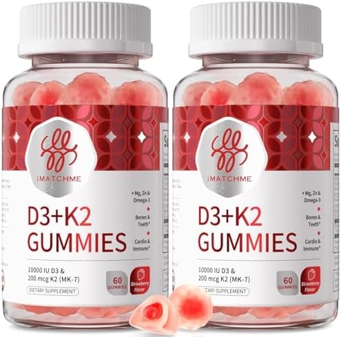 iMATCHME Vitamin D3 K2 Gummies for Adults, 10000 IU Vitamin D3 + 200 mcg K2 MK-7 with Omega-3, Magnesium & Zinc, Bone, Teeth, Heart & Immune Support, Sugar-Free Vegan, 60 Count(Pack of 2)
