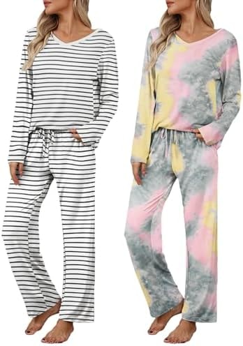 Ekouaer Women's 2 Pack Long Sleeve Pajama Sets V Neck Lounge Sets