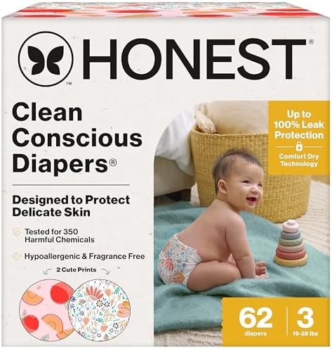 The Honest Company Comfort Dry Disposable Daytime Diapers for Sensitive Skin, Hypoallergenic, Fragrance-Free, Just Peachy + Flower Power, Club Box, Size 3 (16-28 lbs), 62 Count