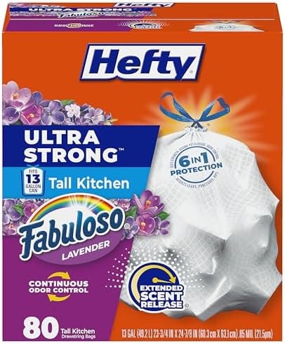 Hefty Ultra Strong 13 Gallon Trash Bags, Tall Kitchen Trash Bags 13 Gallon Size, Resist Leaks, Punctures, and Rips, Continuous Odor Control, White, Fabuloso Lavender Scent, 80 Bags