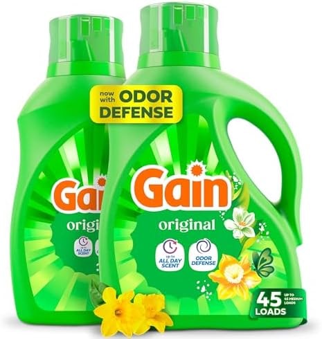 Gain Liquid Laundry Detergent with Odor Defense, Original Scent, Laundry Soap For HE Washing Machines, 60 fl oz, 45 Loads, Pack of 2 (Packaging May Vary)