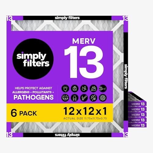 Simply 12x12x1 Air Filter, Merv 13, MPR 1500, 6 Pack, Furnace Air Filter for HVAC (Actual Size: 11.75"x11.75"x0.75") DUST, Pet, & Allergy Control