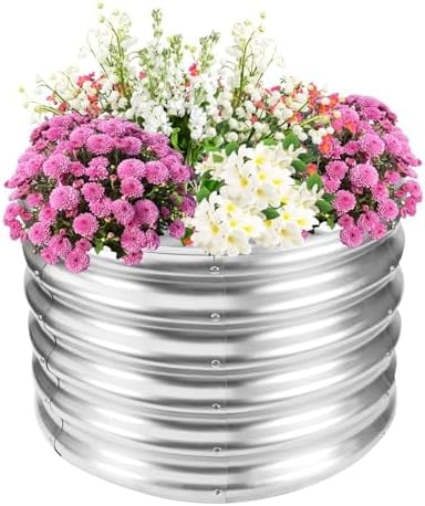 TBMLC 17" Tall Elevated Round Metal Raised Garden Bed Silver,2 FT Diameter